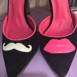 Black and Pink Stiletto Heels with Mustache Accent
